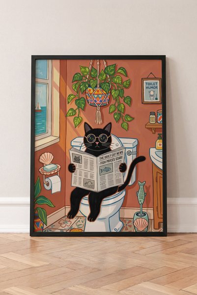 Pena Tablo Komik Banyo Tablosu - Siyah Çerçeveli Klozette Gazeteli Kedi Duvar...