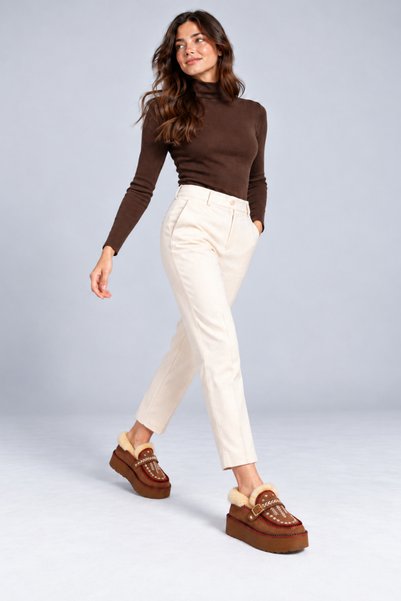 UNDERRATED Women's Tan Embroidered Buckle-Strapped Suede Thick Platform Sole Loafer Boots with Fur Inside