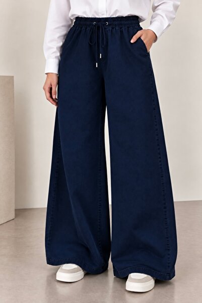 İmajButik Pantaloni din denim Palazzo, albastru marin, cu talie elastică