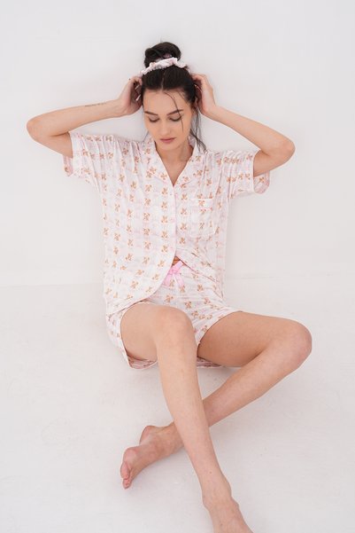 LULUS FRİENDS Shirt Collar Short Sleeve Teddy Bear Bow Patterned Milan Shorts Summer Women's Pajama Set