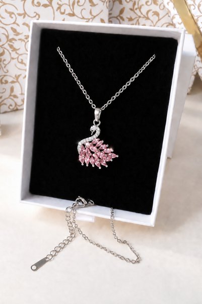 emirOmade Pembe Taşlı Kuğu Kolye Gümüş Rengi 925 Ayar Gümüş Kaplama 2,1x2,4cm...