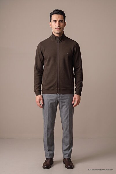Maccali Men's Regular Fit Dark Brown Winter Cardigan with Zipper Pockets