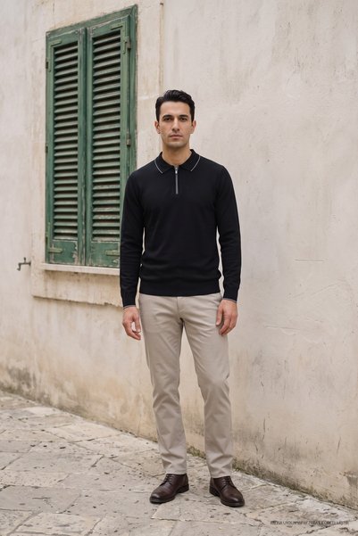 Maccali Men's Striped Knitwear Casual Black Polo Collar Sweater