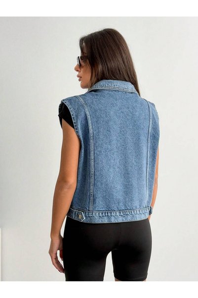 REDZARRAM Women's Light Blue Wide Collar Oversize Denim Jeans Vest
