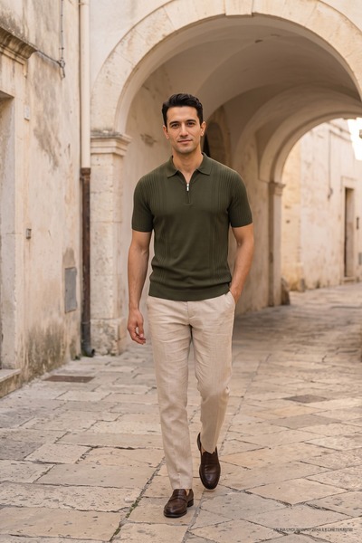 Maccali Tricou tricotat cu fermoar pentru bărbați Trend Khaki Polo