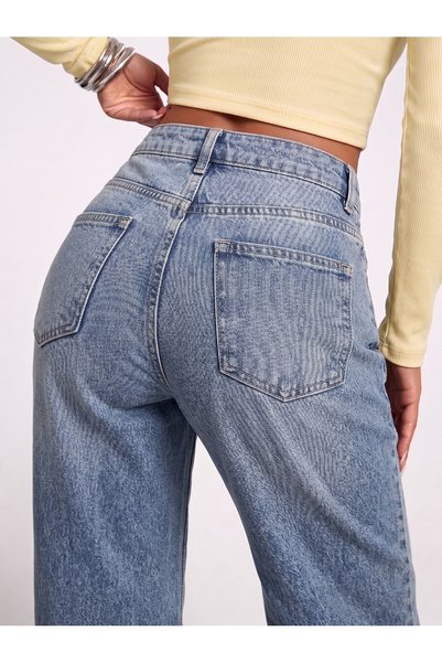 REDZARRAM Kadın Mavi Rahat Kesim Boyfriend Denim Kot Pantolon