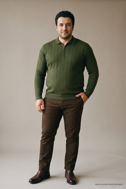 Maccali Erkek Kışlık Büyük Beden Haki Fermuarlı Sweatshirt