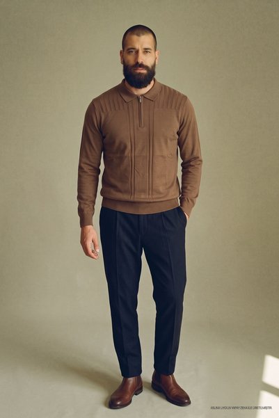 Maccali Men's Textured Polo Collar Brown Long Sleeve Knit Sweater