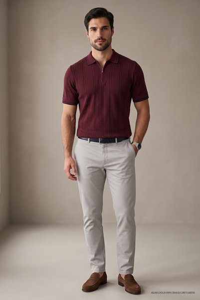 Maccali Ανδρικό μπλουζάκι Trend Ριγέ Premium Claret Red Polo με λαιμόκοψη