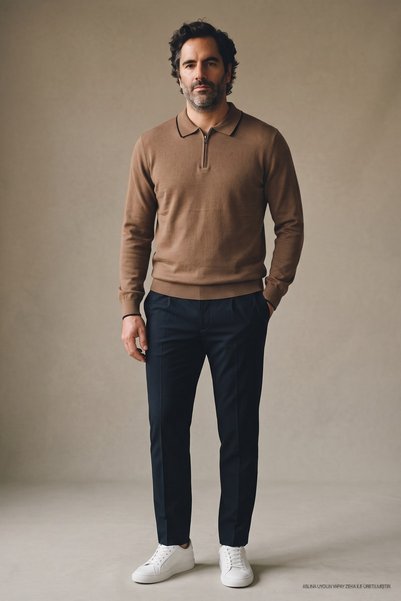 Maccali Men's Striped Knitwear Casual Brown Polo Collar Sweater