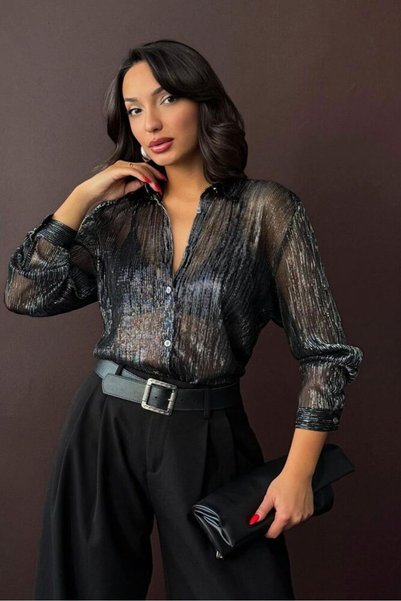 VERYMODA Блестяща плисирана риза черно-сребриста |   F2068 - Черно-сребрист