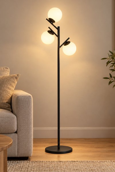 Apliqa Renji 3Lü Siyah Boyalı Beyaz Camlı Modern Tasarım Metal Lambader