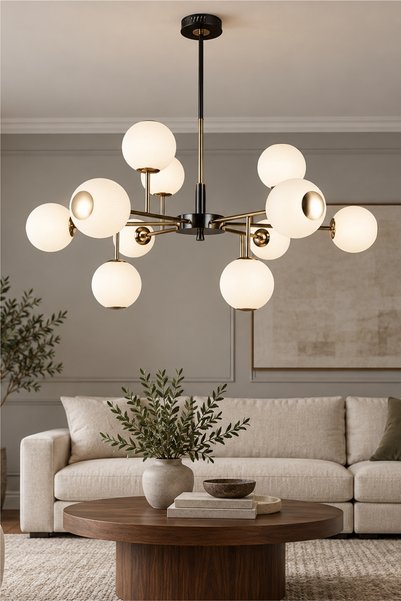 Apliqa Sofia 12'li Siyah Gold 100 Watt Yuvarlak Modern Oturma Odası, Salon Avize