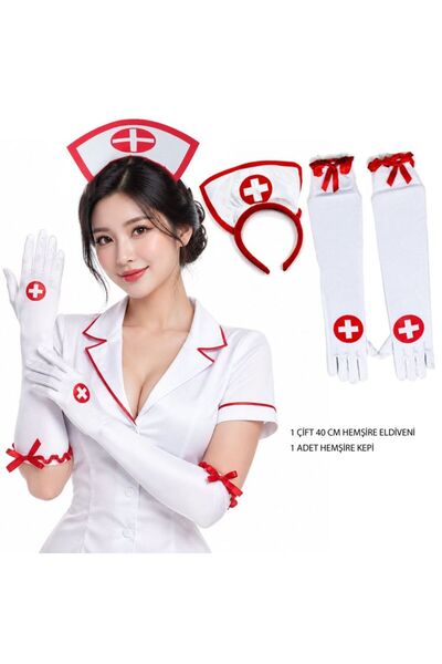 partidolu Halloween Retro Beyaz Renk Hemşire Eldiveni ve Hemşire Kepi Tacı Ta...
