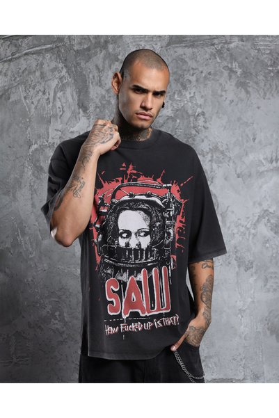 Overdrive Μπλουζάκι SAW Acid Washed Vintage Μαύρο Oversize Unisex με κοντά μα...