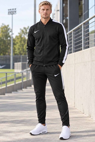 Nike Erkek Siyah Eşofman Takımı Fermuarlı Üst Beyaz Şeritli Fermuarlı Paça Sp...