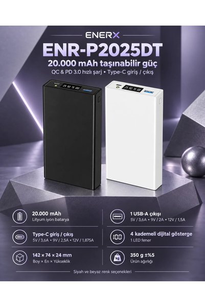 ENERX ENR-P2025DT 20000 mAh Powerbank 22.5 Watt Led Göstergeli Siyah