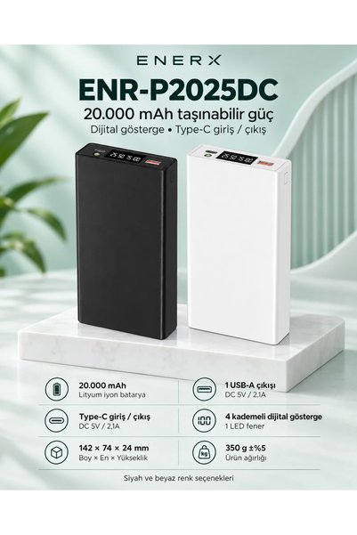 ENERX Enr-p2025dc 20.000 Mah 2.1 Amper Led Göstergeli Powerbank Beyaz