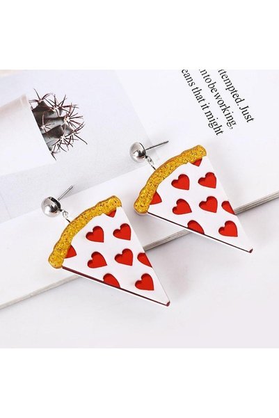Pursehuit Cercei argintii, formă de felie de pizza, cu inimioare roșii, Axeli...