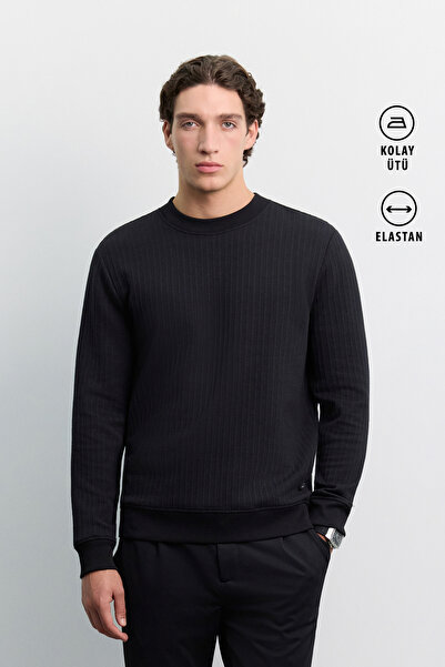 Avva Men's Black Crew Neck Easy-Iron Jacquard Regular Fit Sweatshirt A62Y1250