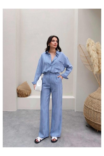 ESRAHELVACI Line Patterned Linen Shirt Pants Set