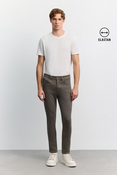 Avva Men's Gray Khaki Antique Washed Cotton Elastane Madrid Comfort Slim Fit Jean Trousers A62Y3530
