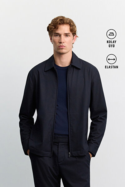 Avva Men's Navy Blue Soft Buttoned Zipper Closure Long Sleeve Comfort Fit Shi...