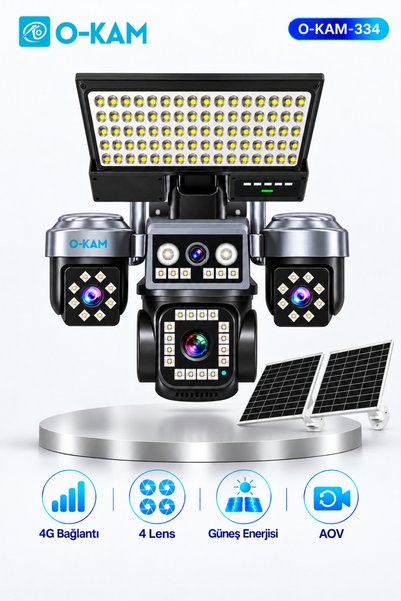 O-KAM 334 Premium 4 Kameralı SIM Kartlı Solar Güvenlik Kamera Sistemi, 3 Güneş Panelli Projektörlü, PRO Uygulamalı