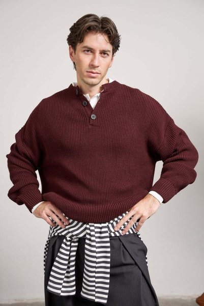 ablukaonline Erkek Oversize Henley Yaka Triko Kazak Bordo
