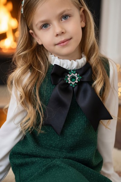 Parla Kids Girl's Emerald Green Vanessa Brooch Detailed Tweed Long Sleeve New Year's Eve Dress