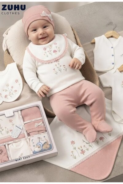MİLAYS LİFE HOME COLLECTİON Baby Girl 0-3 Months Organic Cotton with Flower and Cork Embroidery 10-Piece Hospital Release Zibin Set