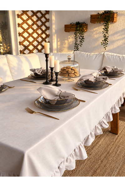 Decamor home Pearl Velvet Textured Vintage Ruffled Stone Seamless Tablecloth