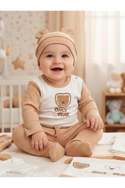 MİLAYS LİFE HOME COLLECTİON Baby Boy 0-3 Months Organic Cotton Only Bear Embr...