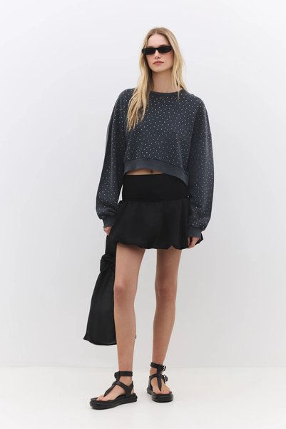 No Matter What Women's Stone Detailed Short Sweatshirt with Crew Neck and Lon...