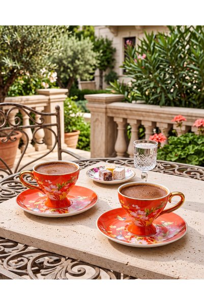 Sunumluxe Çiçek Desenli 2’li Turuncu Porselen Kahve Fincan Takımı