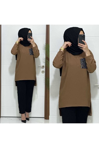 modasura 6699 K80 KAHVERENGİ LEOPAR CEP DETAYLI tunik pantolon KREP Kumaş  ik...