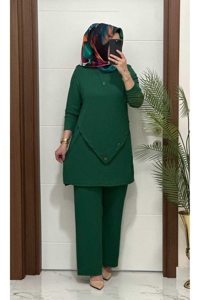 modasura 3370 K 90 zümrüt düğme detay fitilli burgu kumaş tunik pantolon takı...