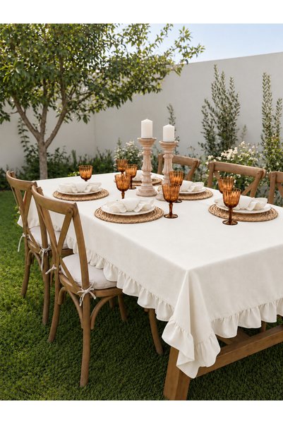 Decamor home İnci Dertsiz Velvet Textured Ruffled Tablecloth Ecru