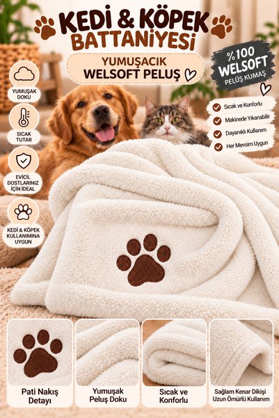 BeybiNest kedi ve köpek battaniyesi Pati nakış detayli Welsoft peluş