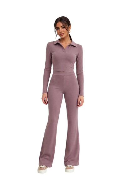 Ocoza VS-1002 Linda Mor Fitilli Polo Yaka Crop Bluz Pantolon İkili Takım