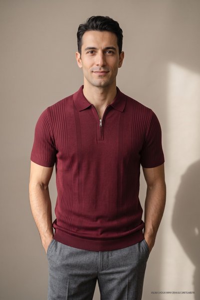 Maccali Tricou tricotat cu fermoar pentru bărbați Trend Burgundy Polo