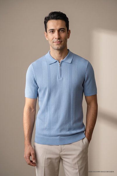 Maccali Erkek Trend Mavi Polo Fermuarlı Triko Tişört