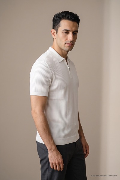 Maccali Tricou polo alb cu fermoar pentru bărbați Trend