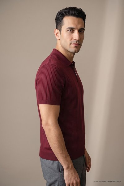 Maccali Tricou tricotat cu fermoar pentru bărbați Trend Burgundy Polo