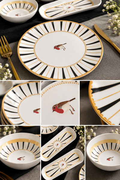 ers erbaşlar Sevda Kuşu Black Round 14 Piece Luxury Breakfast Set for 6 People