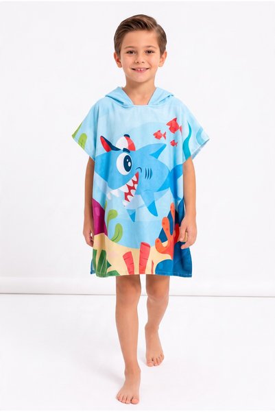 MoveBeach Boy's Shark Patterned Hooded Towel Poncho 8-12 Years Old Beach Sea ...