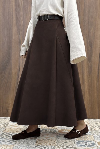 Hepsi Moda تنورة واسعة بتفاصيل حزام - 3049 - بني غامق