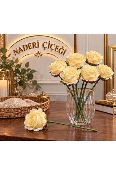 Naderi Çiçeği 1 Paket 6 Adet Yapay Gül Dalı 28 cm Krem Dekoratif Çiçek Seti