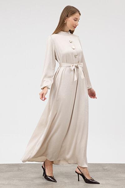 VAVİNOR Rochie de seara din satin cu nasturi - Bej