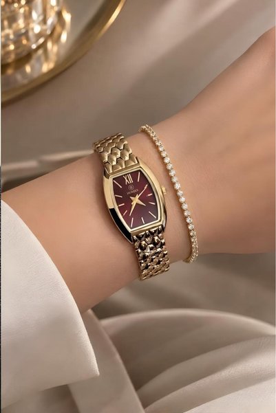 Homies Women's Gold Vintage Burgundy Dial Steel Wristwatch and Zircon Stone W...